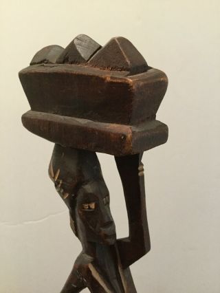 African Woman Wooden Carved Statue 15” Basket On Head Dark Wood 3