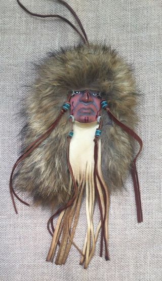 Native American Warrior Spirit Mask Handcrafted Fur Leather Wall Hanging Decor