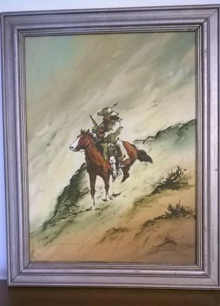 Vintage Signed Oil Painting Cowboy On Horse Desert Landscape Folk Art