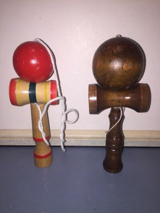 2 Vintage Wooden Ball And Cup With String Game