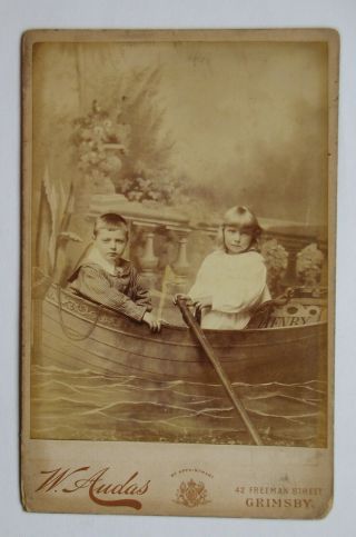 Cabinet Photo: Young Boy & Girl In A Rowing Boat.  By W.  Audas.  Grimsby.  1880s
