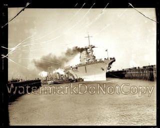 1920s Broken Glass Photo Negative Uss Lexington Us Navy Naval Ship And Tug Boat