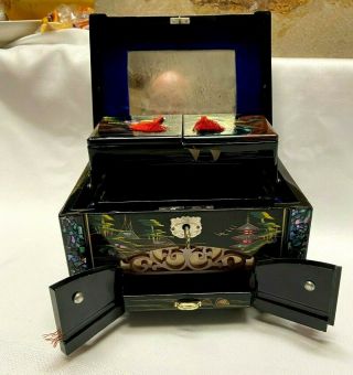 Vintage Japanese Jewelry Music Box Black Lacquer Mother Of Pearl Drawer Key