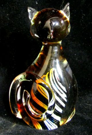 Vintage Murano Glass Cat Figurine - Amber With Black & White Tiger Stripes