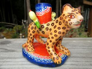 Vintage Mexican Mexico Folk Art Pottery Leopard W Birds Candle Holder