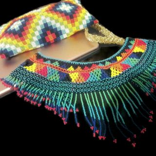 Mexican Huichol Handmade Beaded Big Necklace Chaquira Boho Jewelry Colorful
