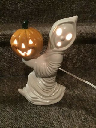 Vintage Ceramic Ghost With Pumpkin Halloween Lighted Lamp Decor
