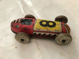 Vintage Tin Litho Wind Up Race Car Toy 8 6 1/2 " Long