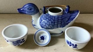 Vintage Blue & White Teapot Set - Hand - Painted Duck With Two Teacups - Adorable