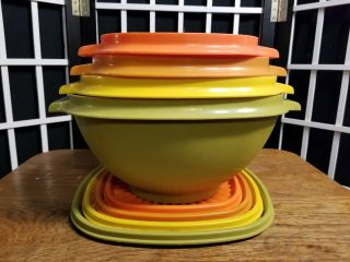 Vintage 8 Pc 4 Lidded Bowl Set Tupperware Servalier Harvest Orange Yellow Green