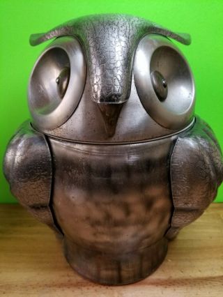 Vintage Olde Tankardware Pewtertone Mid Century Metal Owl Ice Bucket Japan 11.  5 "