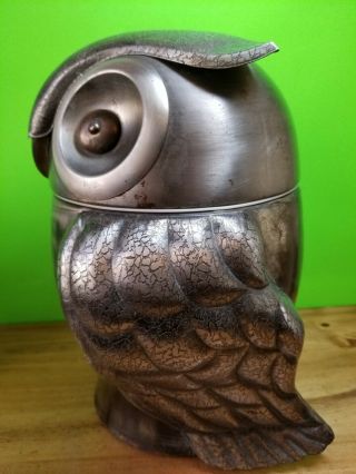 Vintage Olde Tankardware Pewtertone Mid Century Metal Owl Ice Bucket Japan 11.  5 