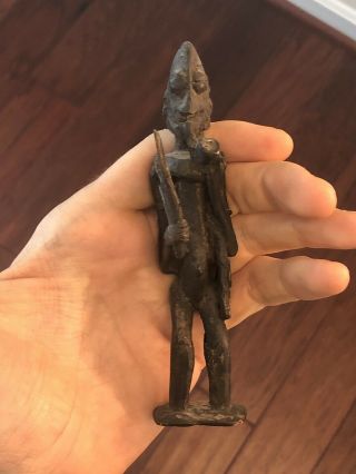 Vintage Handmade Metal Sculpture African Art Figure Man Smoking Pipe Hold Knife