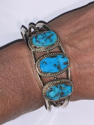 Vintage Navajo Sterling Silver And Turquoise Cuff Bracelet - Bangle -
