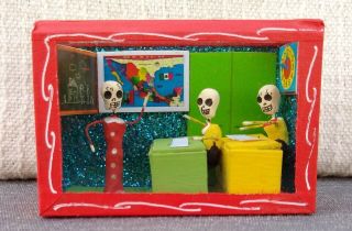 Teacher In Classroom Mexican Day Of The Dead Shadow Box Diorama Folk Art