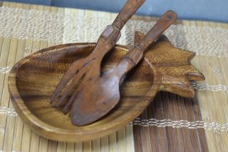 Vintage Monkey Pod Wood Pineapple Dish Bowl With Tiki Spoon And Fork