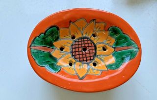 2 Pc Hand Painted Ceramic Orange Sunflower Soap Dish Trinket Dish