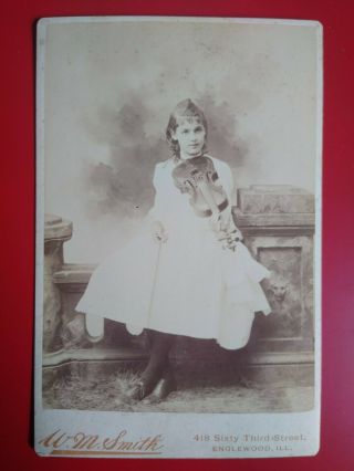 American Cabinet Card Young Girl With Violin,  By W M Smith,  Englewood