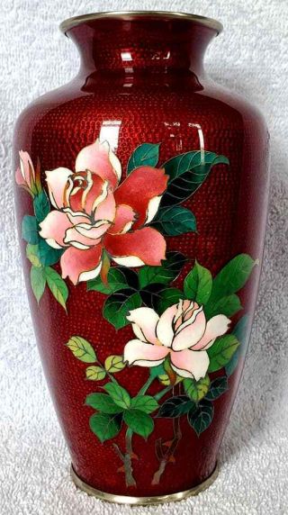 Vintage Japanese Cloisonne Vase W Roses & Red Foil Bird Ginbari Unmarked Unknown