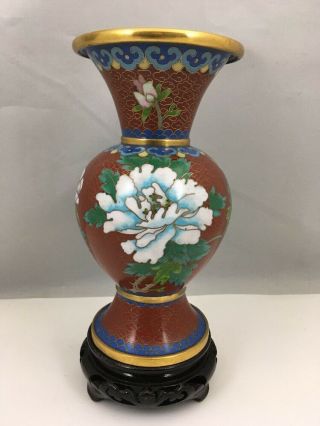 Vintage Chinese Cloisonne Vase Enamel & Metal Red With Peonies & Sparrows 6 "