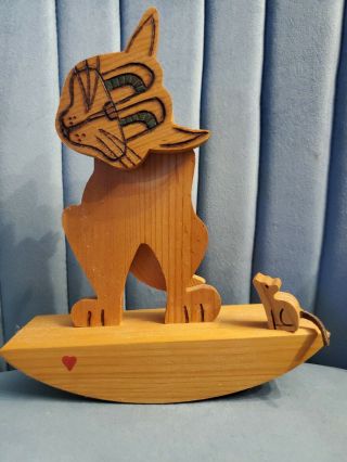 Vintage Folk Art Cat & Mouse Wood Rocker Balance Toy J.  Hart,  Wild Wood Of Wv