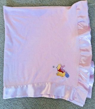 Classic Vtg Winnie The Pooh Piglet Honey Pot Light Pink Baby Blanket Satin Edge