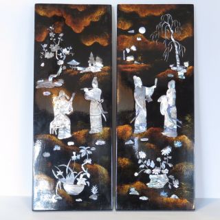 Chinese Black Lacquer & Mother Of Pearl Wall Plaques Vintage Asian Wall Art