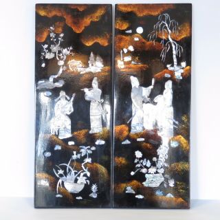 Chinese Black Lacquer & Mother of Pearl Wall Plaques Vintage Asian Wall Art 2