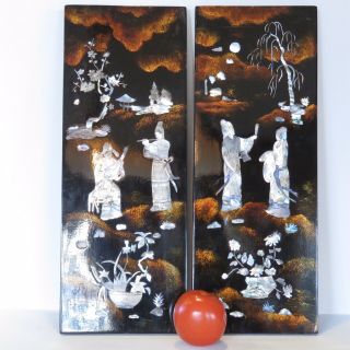 Chinese Black Lacquer & Mother of Pearl Wall Plaques Vintage Asian Wall Art 3