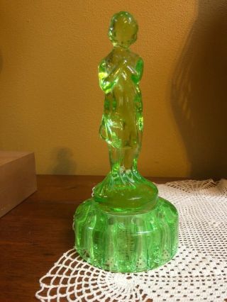 Vintage Cambridge Green Uranium Glass Draped Lady Flower Frog Bashful Charlotte