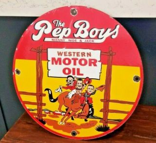 Vintage Style Pep Boys Gasoline Porcelain Gas Auto Motor Oil Service Pump Sign