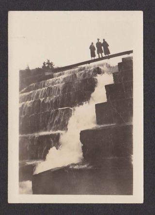 3 Silhouettes On Bridge Over Step Water Falls Old/vintage Photo Snapshot - E252
