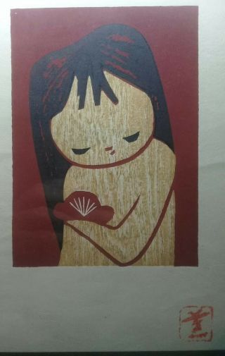 Kaoru Kawano Girl With Lotus Blossom Japanese Woodblock Modern Art Print 1950 Or