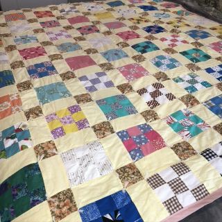 Vintage Handmade Mid Century Patchwork Quilt 68 " X 75 " Multicolor Sq Twin Full