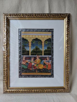 Vintage Framed Indian Mughal Miniature Hand Painting On Silk " Mughal Group "
