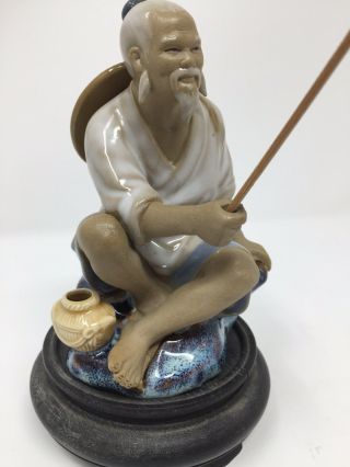 Asian Shiwan Mudman Seated Fisherman Porcelain Chinese Figurine Vintage 2