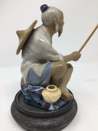 Asian Shiwan Mudman Seated Fisherman Porcelain Chinese Figurine Vintage 3