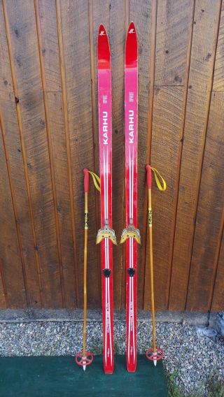 Vintage Wooden 69 " Long Red Skis With Bindings Signed Karhu,  Bamboo Poles