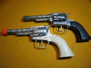 2 Vintage Pony Boy Cap Guns Die Cast Metal Pistol Antique Play Toy Cowboy Gun