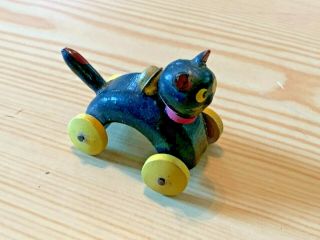 Antique Cat On Wheels Miniature Halloween Pull Toy W/ Bell In Old Paint
