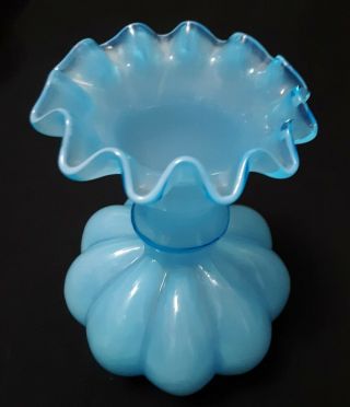 Vtg Fenton Light Blue Milk Glass Ruffled Edge Melon Vase
