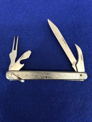 Unusual Unknown Antique Pocket Knife Golfing ? Wine ? French ? Russian ? 4 Blade