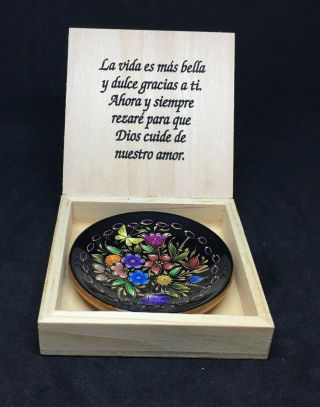 Vintage Mexico Hand Painted Mini Plate - Oil And 24 Karat Gold Lacquered Wood
