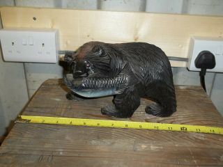 Vintage Japanese Hand Carved Solid Wood Black Forest Style Bears Fishing