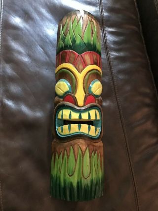 Hand Carved Tribal Totem Tiki Wood Mask Patio Tropical Bar Decor 19.  5 " X 5.  5 "