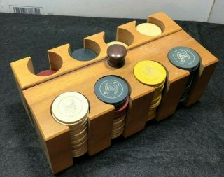 Vintage Clay - Composition Poker Chips Wooden In Holder