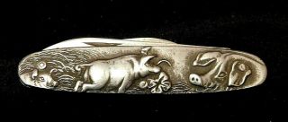 Antique 2 Blade Silver Pocket Knife Unmarked W Raised Pigs & 4 Leaf Clover Vntg