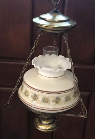 Vintage Hurricane Style Hanging Swag Lamp 3way Light Flowers Glass Globe 20”