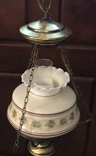 Vintage Hurricane Style Hanging Swag Lamp 3way Light Flowers Glass Globe 20” 2