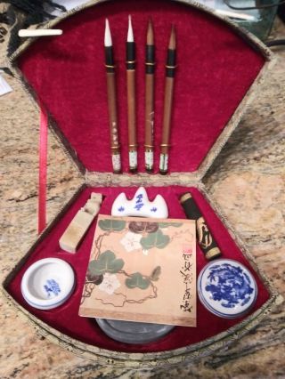 Vintage Chinese Calligraphy Set Brushes Pigment Chop Seals Orig Presentation Box